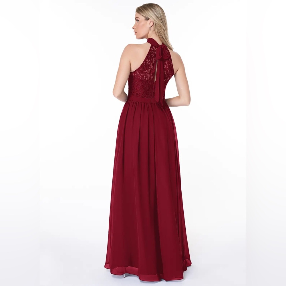 Burgundy High Neck Line Chiffon Bridesmaid Dress Azazie Keyhole Back w/ pockets - Picture 2 of 7